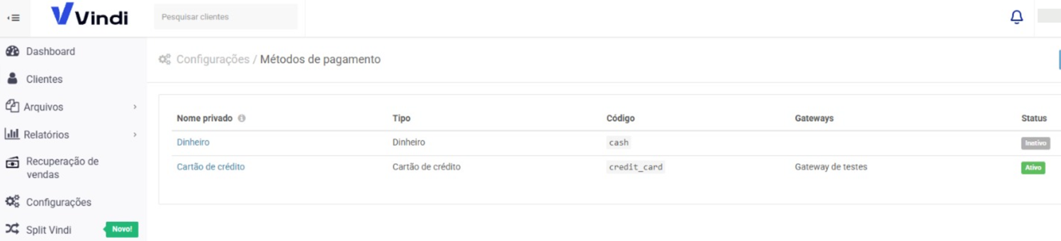 Configurações > Métodos de Pagamento - app.vindi.com.br